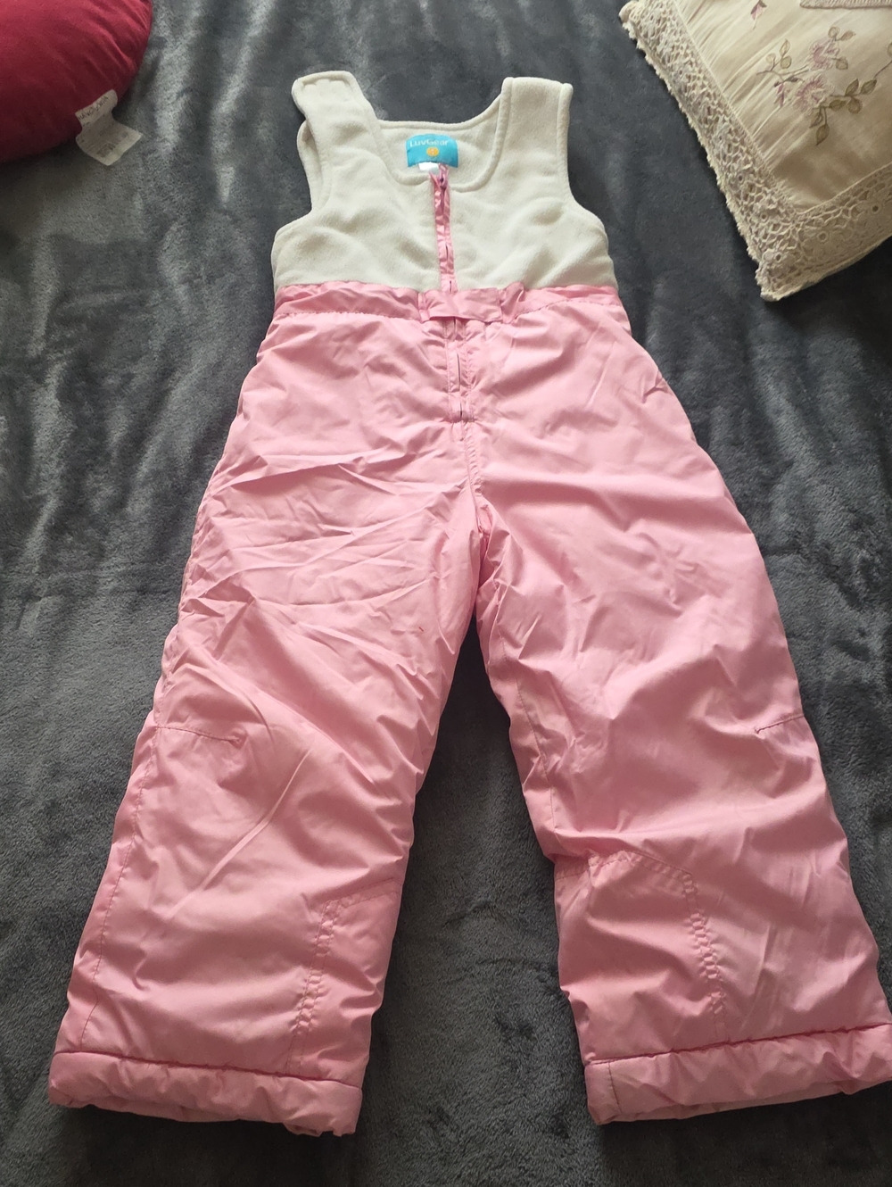 Children's Pink Insulated Snow Overalls with Cream Fleece Bib